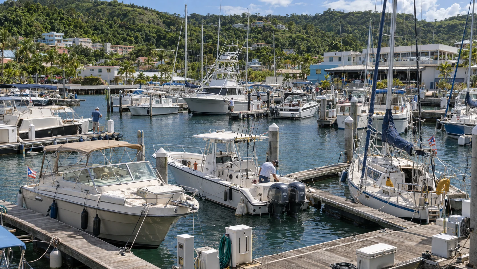 Escena generada inspirada en Puerto Rico: marina concurrida con lanchas de pesca, center console, veleros y embarcaciones de distintos tamaños, con personas en los muelles.