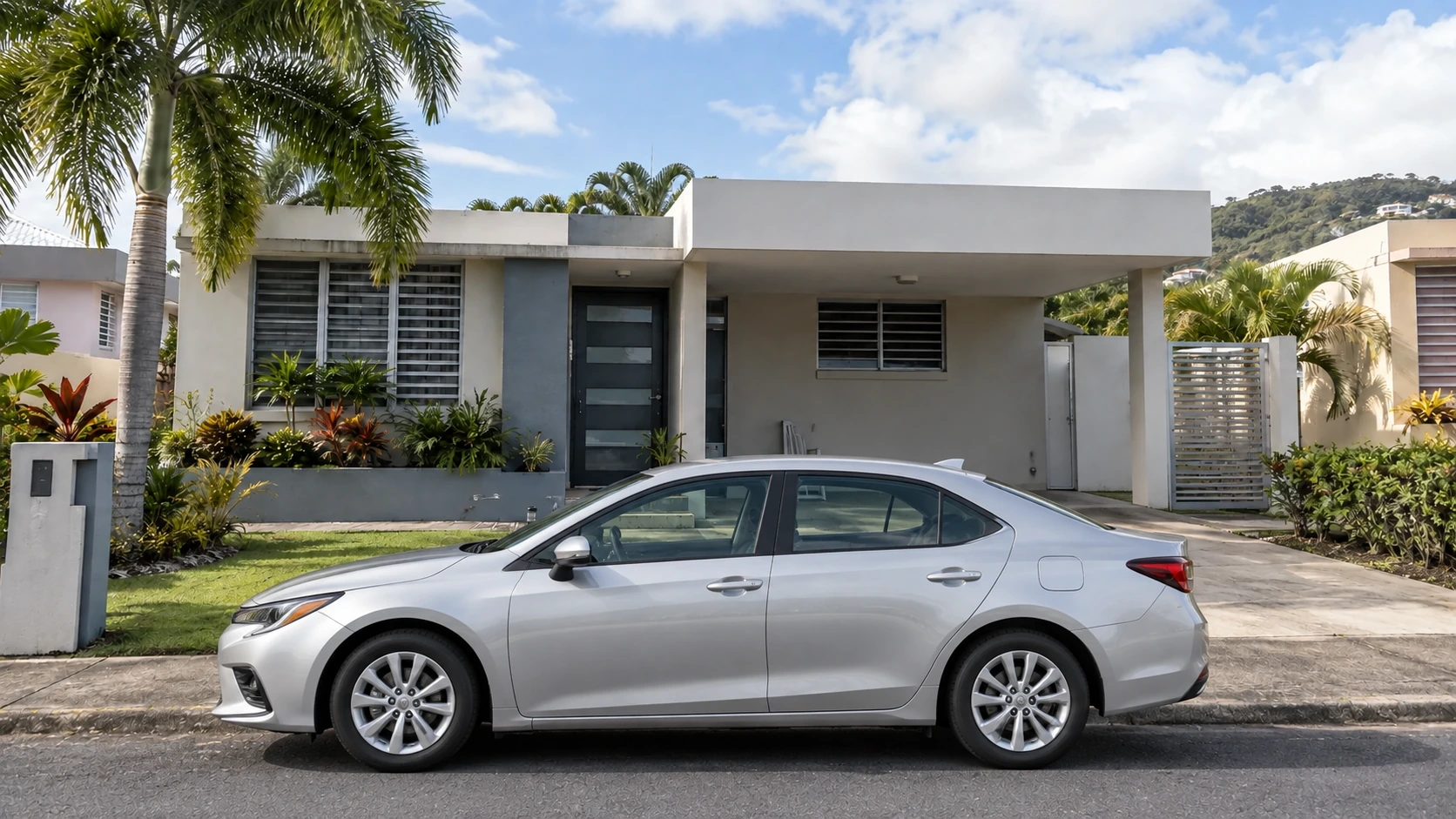 Escena generada de una residencia en Puerto Rico y un sedán plateado estacionado de perfil junto a la acera, sin logos visibles.