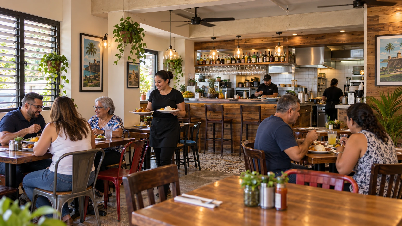 Escena generada de un restaurante criollo inspirado en Puerto Rico, con mesas, barra de servicio y personal atendiendo el comercio.